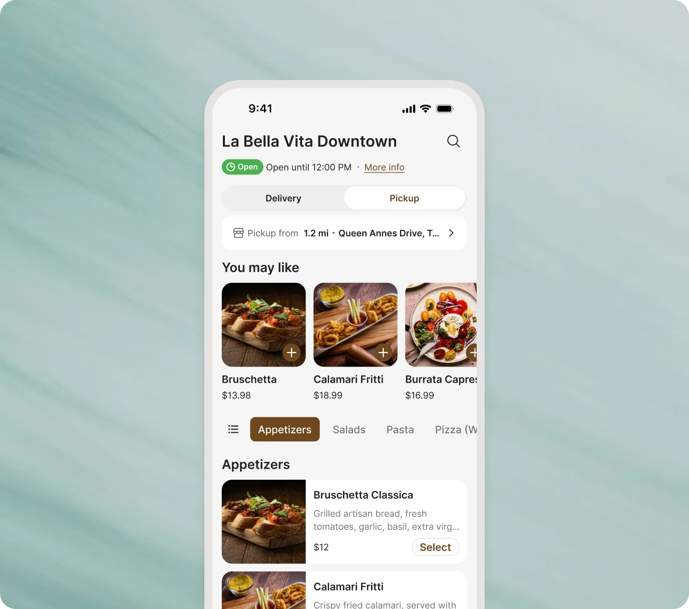Restaurant ordering app displaying suggested menu items